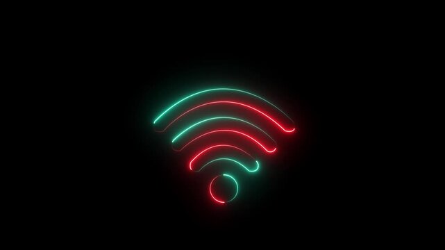 Neon WiFi symbol glowing on black background. Wireless internet connection icon design.
