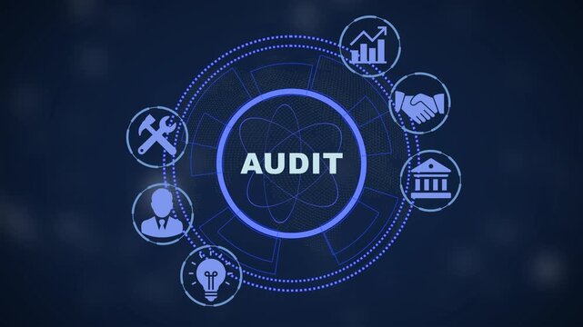 Audit process concept with digital hud interface, business compliance and financial analysis animated technology background, for corporate presentations
