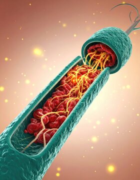Microscopic view of blood cells and fibrin strands within a vessel