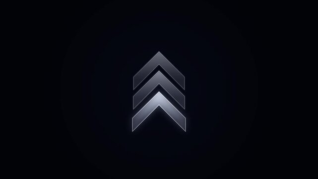 Animated triple chevron arrow pointing up with metallic sheen and subtle glow, representing progress, growth, or upward trend on a dark background