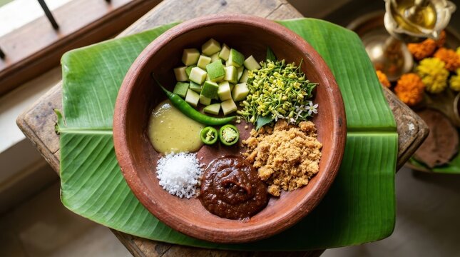 Traditional Ugadi Pachadi ingredients arranged in an earthen bowl on a banana leaf celebrate the Telugu and Kannada New Year with symbols of life