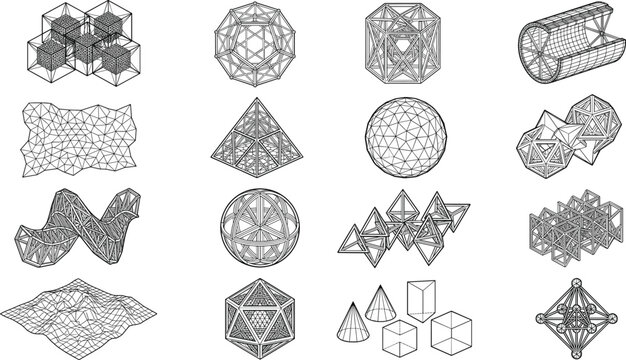 Complex wireframe geometric shapes set, futuristic 3D structural mathematical models, black and white vector