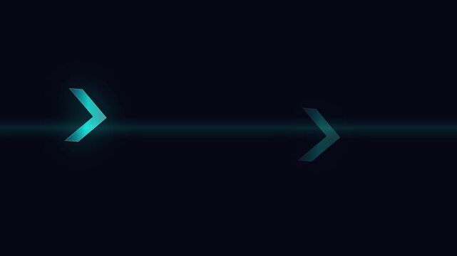 Neon blue double chevron arrows moving forward on dark background, representing progress, speed, next step, and digital navigation