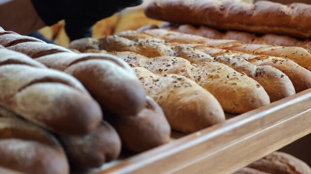 A detailed view of a pastry chef placing a freshly baked baguette on a shelf in a shop or bakery. The aroma of freshly baked bread. The idea of catering to the public.