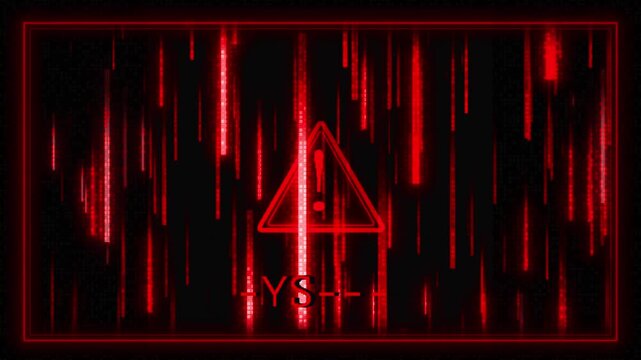 Glowing red system alert visual with exclamation icon, digital glitch streaks, and black cyber warning frame. Perfect for failure screens, hacker videos, emergency intros, and motion overlays.