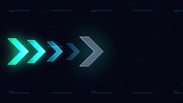 Glowing neon arrows moving forward on a dark digital background, data stream and technology concept