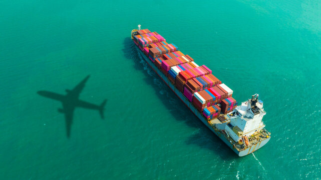 Aerial view of the freight shipping transport system cargo ship container. international transportation Export-import business, logistics, transportation industry concepts	
