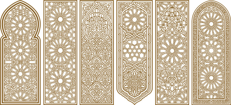 Traditional Arabic Islamic ornamental patterns set, golden intricate geometric window arches, vector design