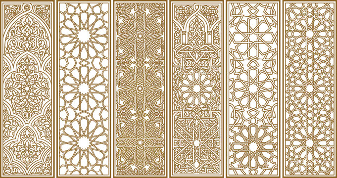 Traditional Arabic Islamic ornamental patterns set, golden intricate geometric window arches, vector design