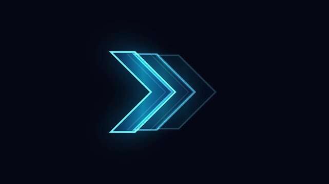 Neon blue chevron arrows indicating forward movement and progress on dark background, technology and futuristic concept