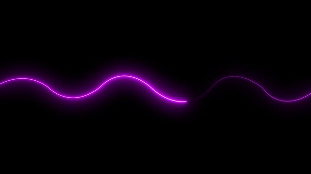 Purple neon light wave on black background. Glowing digital line with particle trail effect.