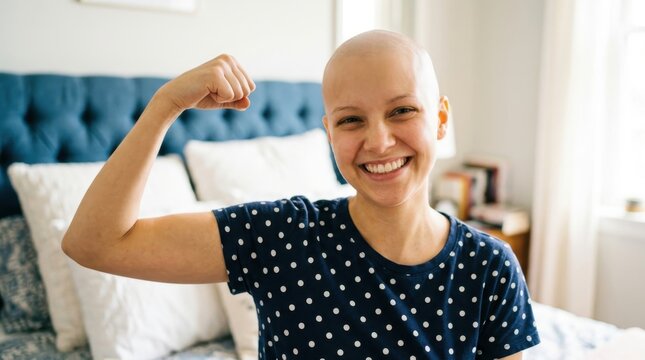 Strong courageous cancer survivor woman flexing arm muscle and smiling in bedroom, representing health hope and bravery during medical recovery or chemotherapy treatment for inspiration and awareness.