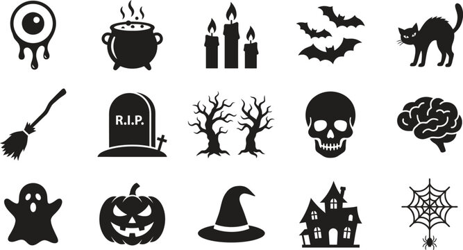 Spooky halloween icon set featuring skull pumpkin ghost bat haunted house and witch hat silhouettes for celebration.