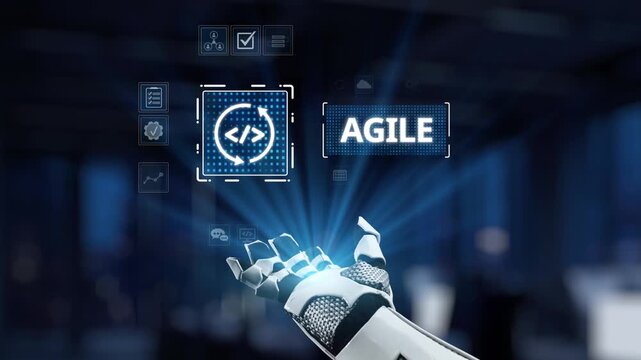 A futuristic robotic hand engages with a digital interface that emphasizes Agile methodology, representing innovation and technological advancement in professional environments. Synapse