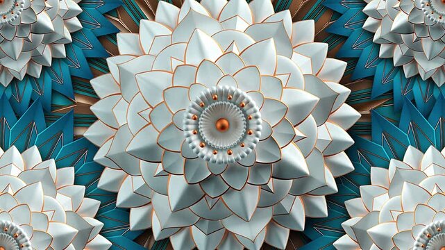 Luxury White Floral Mandala Pattern with Blue and Copper Geometric Background, Elegant 3D Abstract Ornament Animation