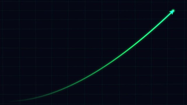 Green arrow moving up on a dark grid background, upward trend and progress concept, digital data visualization