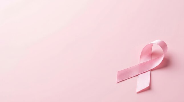 Elegant pink ribbon symbolizing breast cancer awareness sits gracefully on a soft background with copy space, representing hope and support for women worldwide during the global health campaign month.