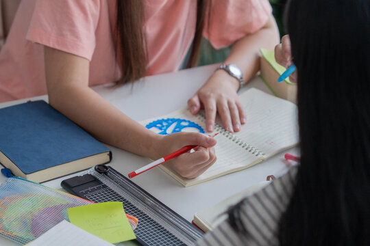Two Asian girl with books on table doing homework together at home