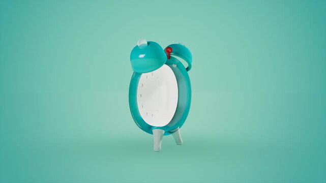 Empty turquoise alarm clock on mint background. 3d rendering