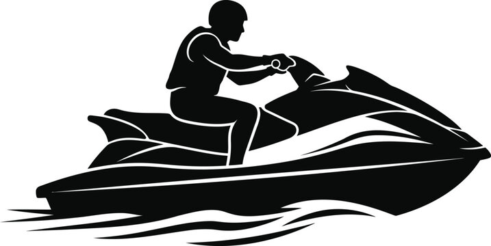 Black silhouette of man riding jet ski on water waves vector illustration for summer vacation leisure sport and nautical activity design.