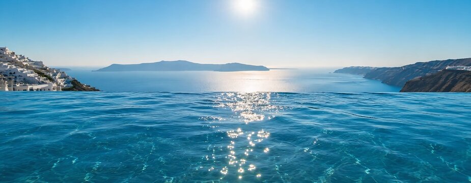 Luxury Infinity Pool Overlooking Santorini Caldera at Golden Sunset, Greece