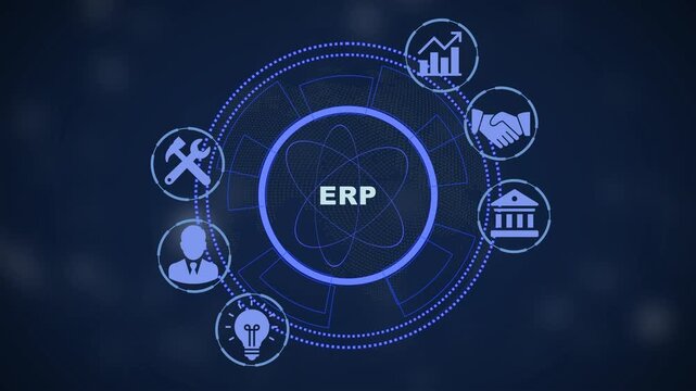 Erp enterprise resource planning digital hud interface with business management and data analytics motion
