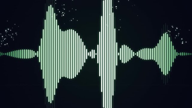 Green sound wave equalizer visualization pulsing on black background, audio spectrum analysis, music rhythm and voice recording