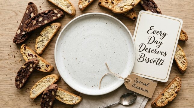 Assorted homemade Italian biscotti cookies with chocolate and almonds surround an empty ceramic plate on a rustic wooden table top view for copy space and special occasion gourmet dessert baked snack.