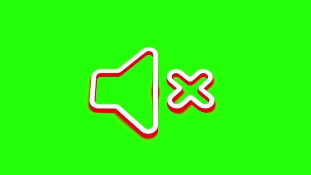 Audio mute icon animation, sound off symbol, outline style, on a green screen background