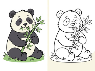Cute panda vector illustration featuring a happy bear character sitting and eating a fresh green bamboo stalk for children coloring © Kevin
