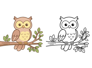 Fototapeta premium Cute cartoon owl vector illustration featuring a colored version and a black and white outline for children coloring pages design