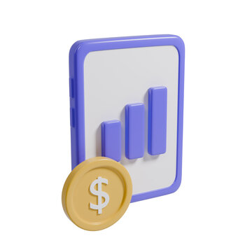 Perspective 3D render business growth chart on a phone screen and a coin for financial success and market progress illustration