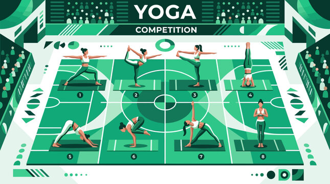 Yoga Competition In A Stadium Setting With Diverse Poses Displayed