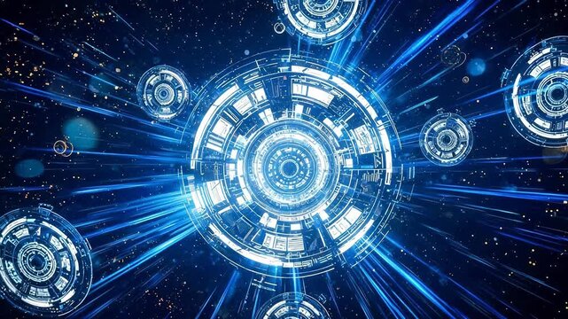 Futuristic Sci-Fi Digital Interface with Glowing Blue Circuits and Radial Light Bursts in Cosmic Space