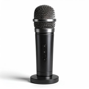 Sleek black microphone with metallic grille on circular base