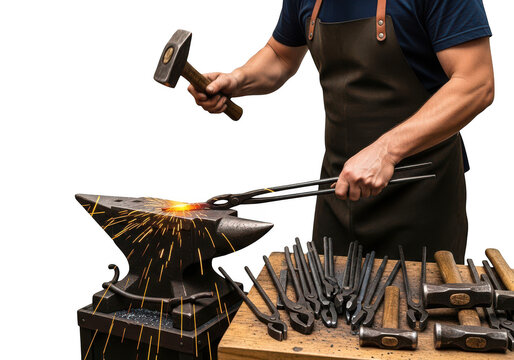 Blacksmith forging hot metal on anvil isolated on transparent background