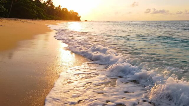 Golden hour tropical beach shoreline with gentle waves and palm trees, serene ocean landscape ideal for relaxation and travel themes
