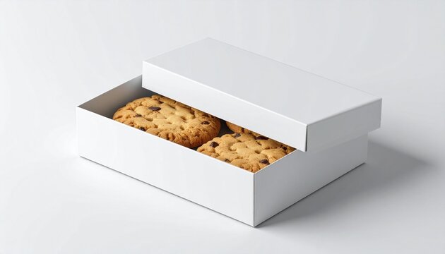 Blank white cookie box mockup with chocolate chip cookies inside on a plain white background for packaging design