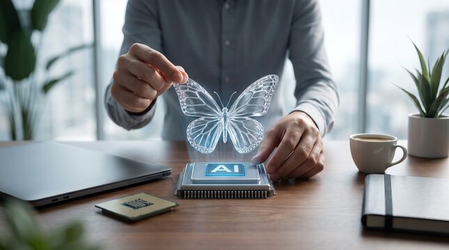 Holographic butterfly emerging from artificial intelligence processor chip with intelligence microprocessor wooden