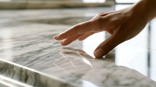 A close up of a hand touching a polished marble surface.
