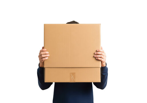 Man holding large cardboard box in front of face isolated on transparent background delivery, moving house, parcel shipping or logistics concept