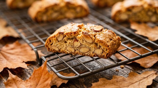 Delicious crunchy almond biscotti cookies resting on a metal cooling rack surrounded by autumn leaves on a rustic wooden table, representing warm