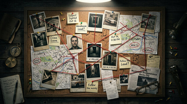 Detective evidence board with maps and red string connections corkboard crime