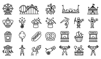 Fototapeta premium Amusement Park Carnival Festival Outline Icons Collection with Rides Games and Entertainment Symbols