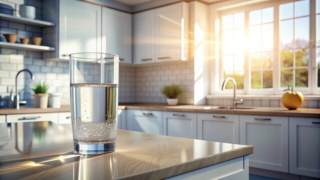 Crystal clear water cascades into a chilled glass spotlighted against crisp white countertops in vibrant morning kitchen