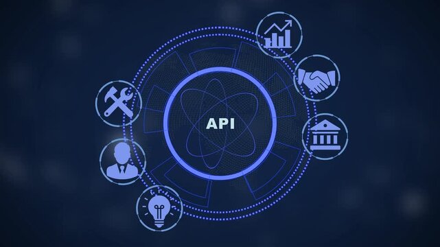 Api software development concept with digital interface and network connectivity infographic animation