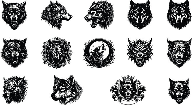 A collection of vintage engraving style halloween wolf heads rendered with a dark dramatic aesthetic for graphic design projects