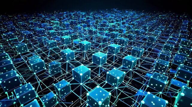 Futuristic Blue Blockchain Network with Glowing Connected Cubes and Data Nodes