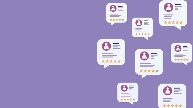 Animated floating customer reviews with copy space showing user feedback, star ratings, and satisfaction concepts illustrating digital testimonials, customer experience, and product evaluation.