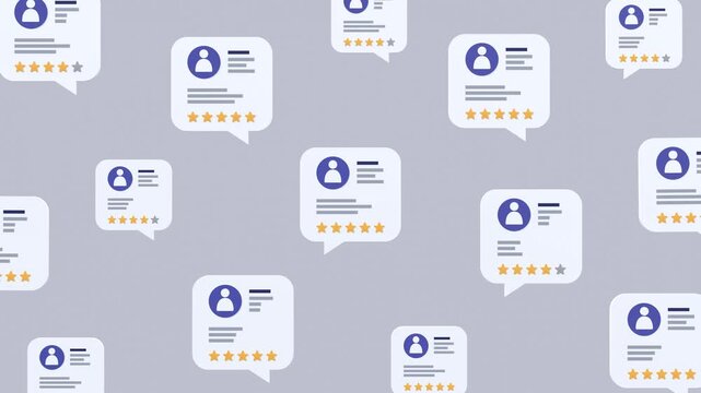 Animated floating customer reviews illustrating product ratings, user feedback, customer satisfaction, and experience evaluation concepts for digital business, marketing, and online services.